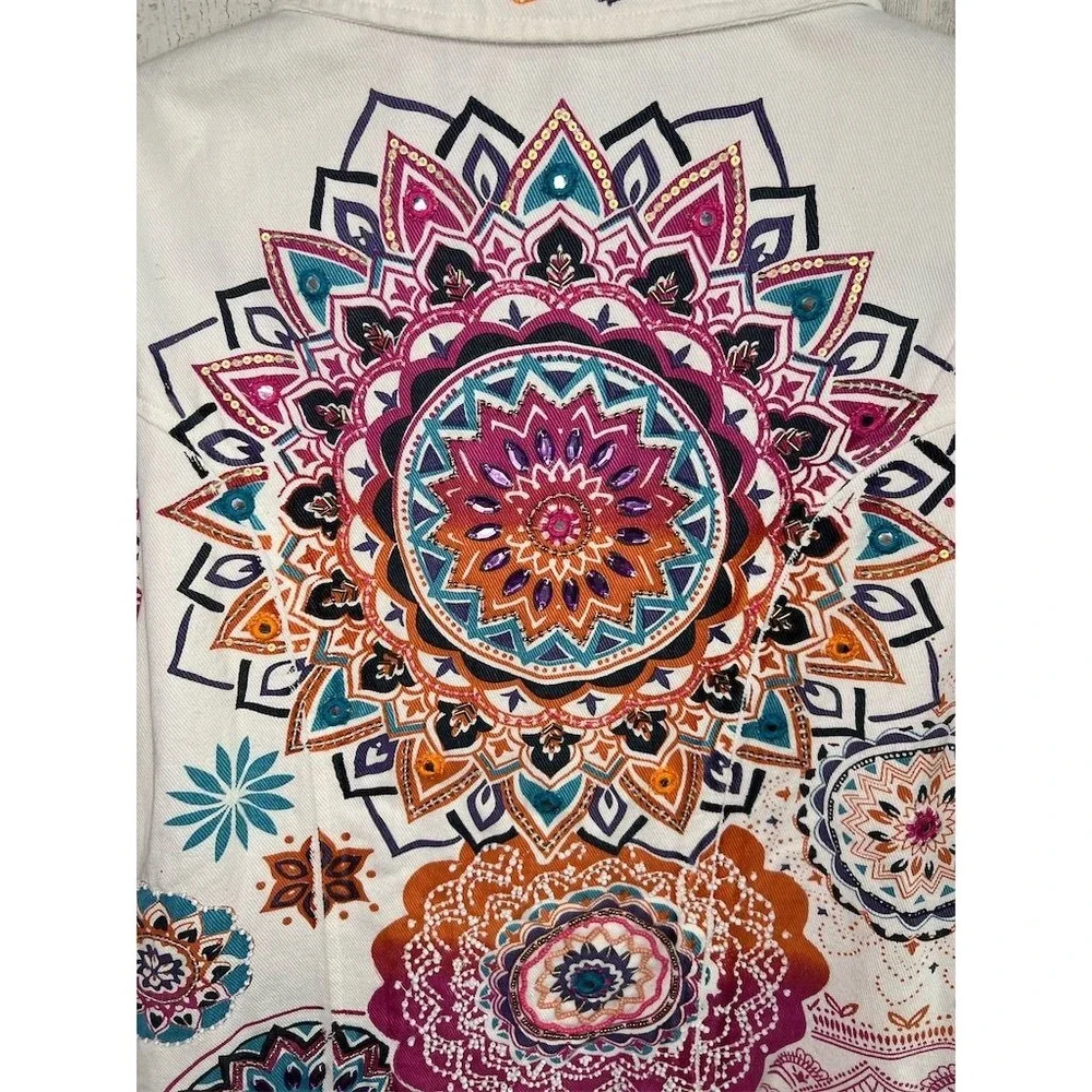 Boston Proper Womens White Mandala Embellished Denim Jacket Size S Boho Beaded - Picture 16 of 16